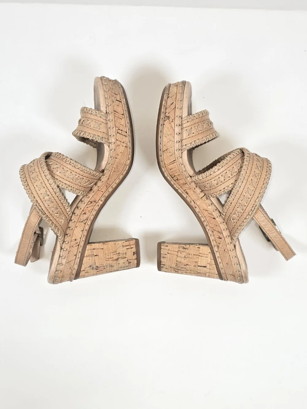 Fosil Cork Platform Sandals Tan Leather Cross-Stitch Block Heel Women’s Sz 6.5 - Picture 6 of 12